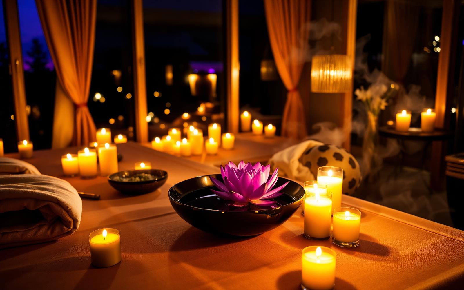 Luxurious candlelit spa suite with a lotus floating in a bowl of still water