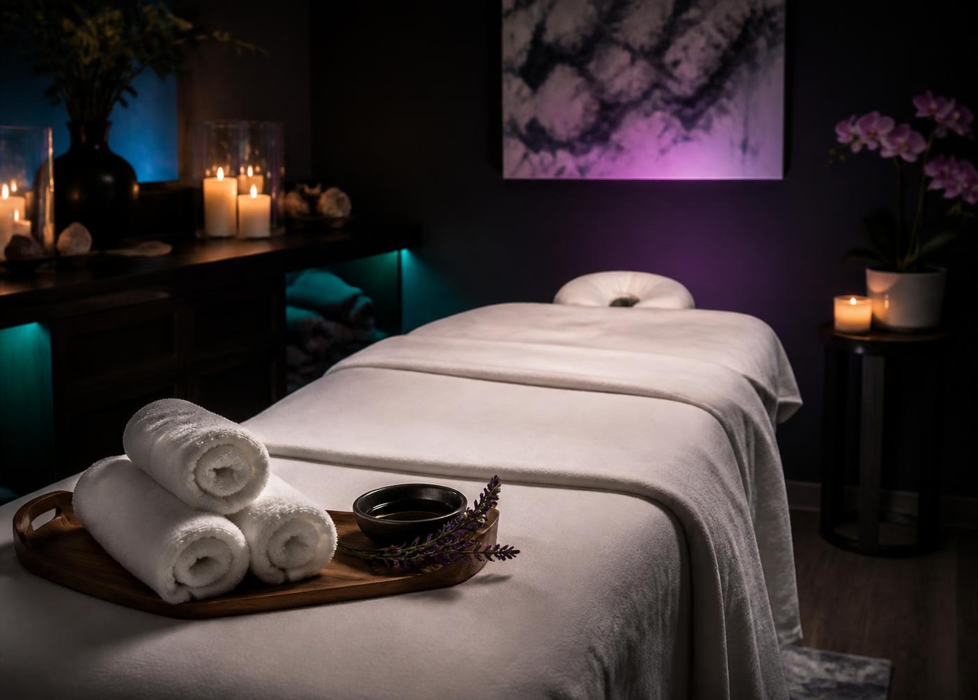 Candlelit massage therapy room at Relax & Renew Massage Therapy in Cape Coral, Florida